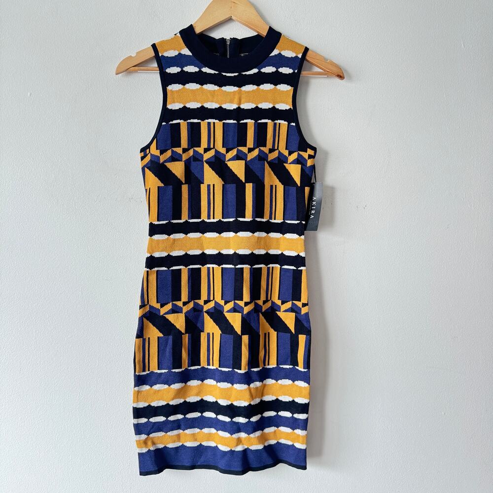 Akira Sweater Dress Womens Small‎ Yellow Blue Geometric Print Bodycon Going Out